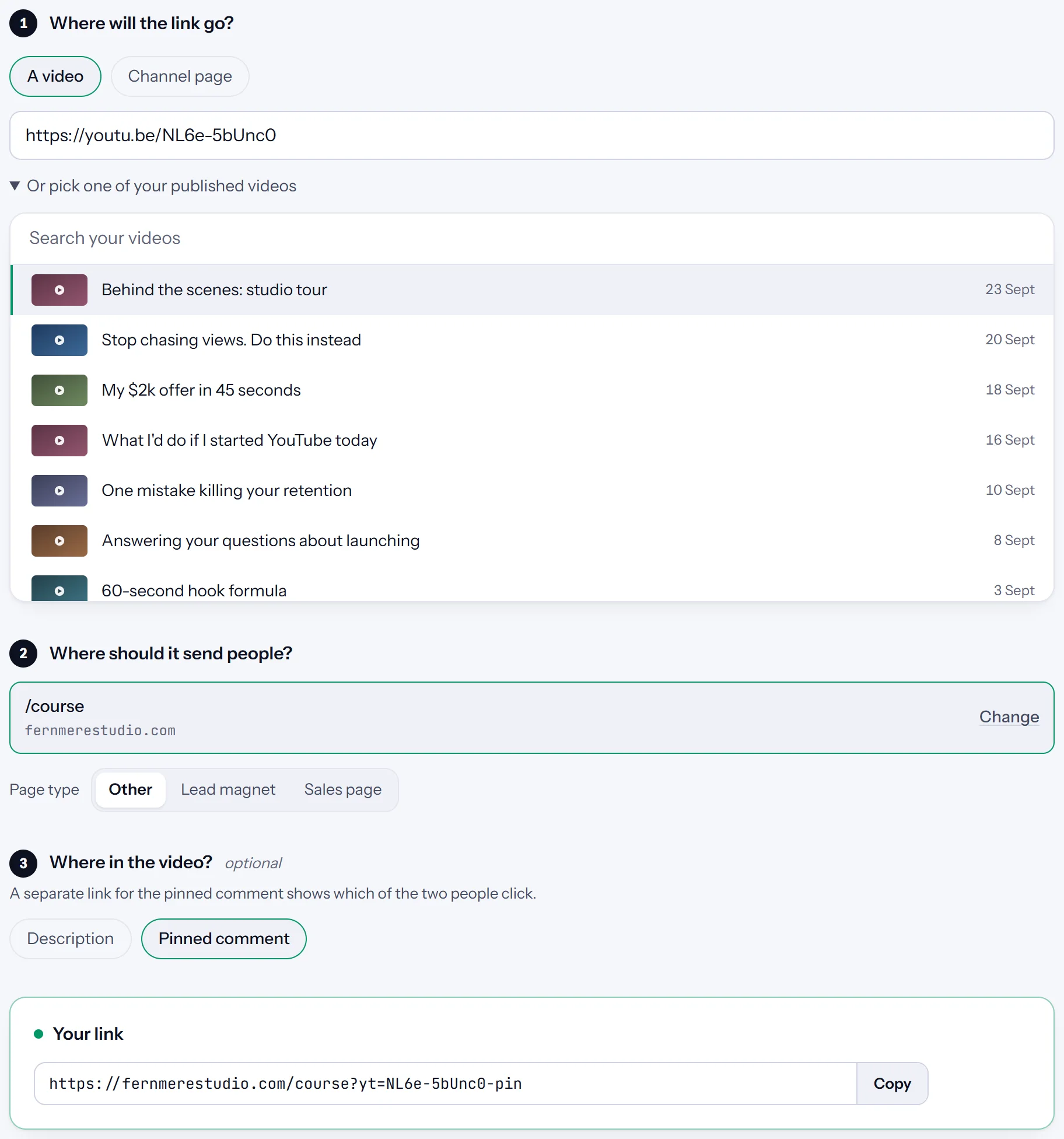 Making a link for a video's pinned comment, to the course page
