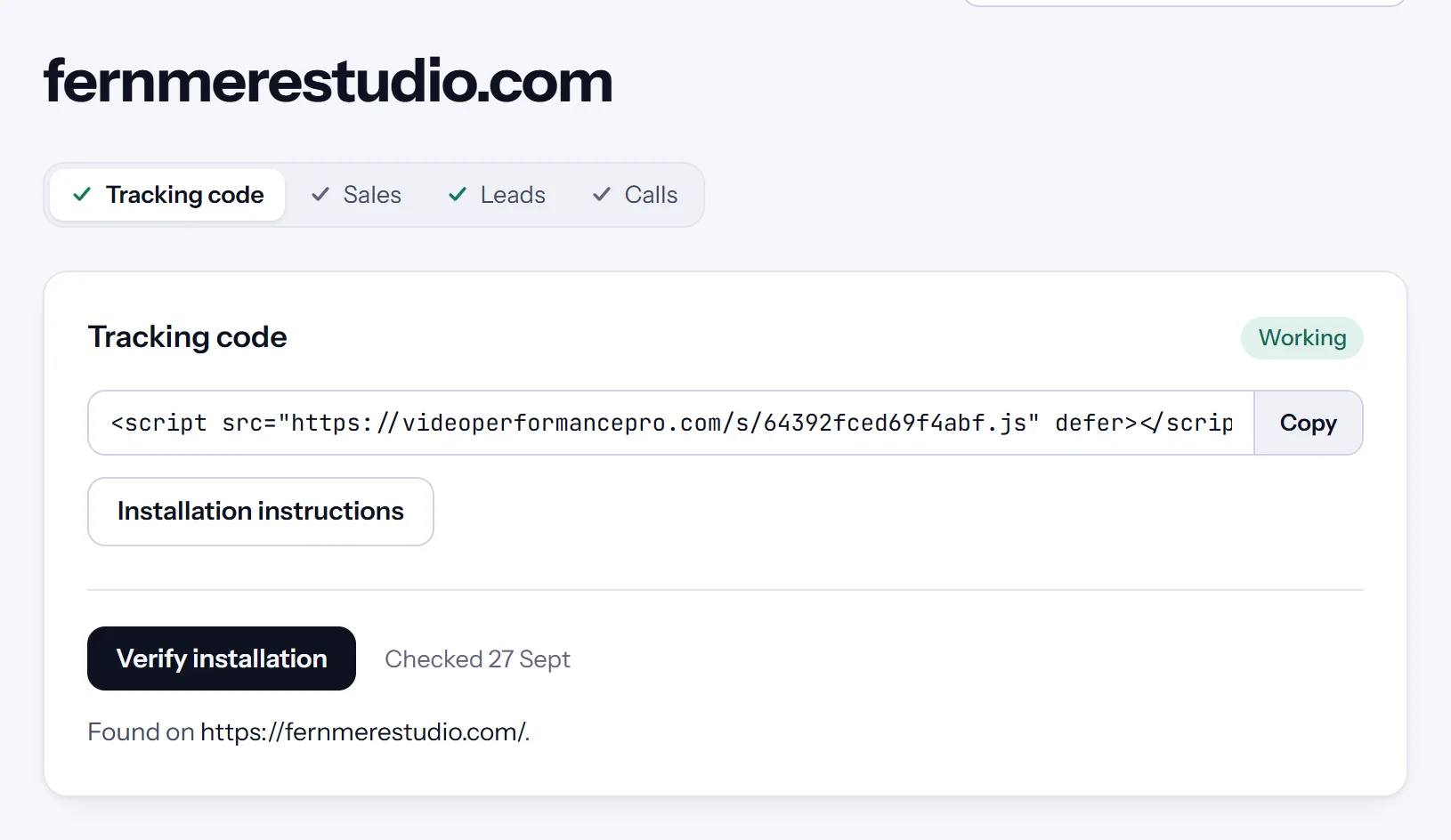 A site's tracking code, marked Working, with sales, leads and calls tabs
